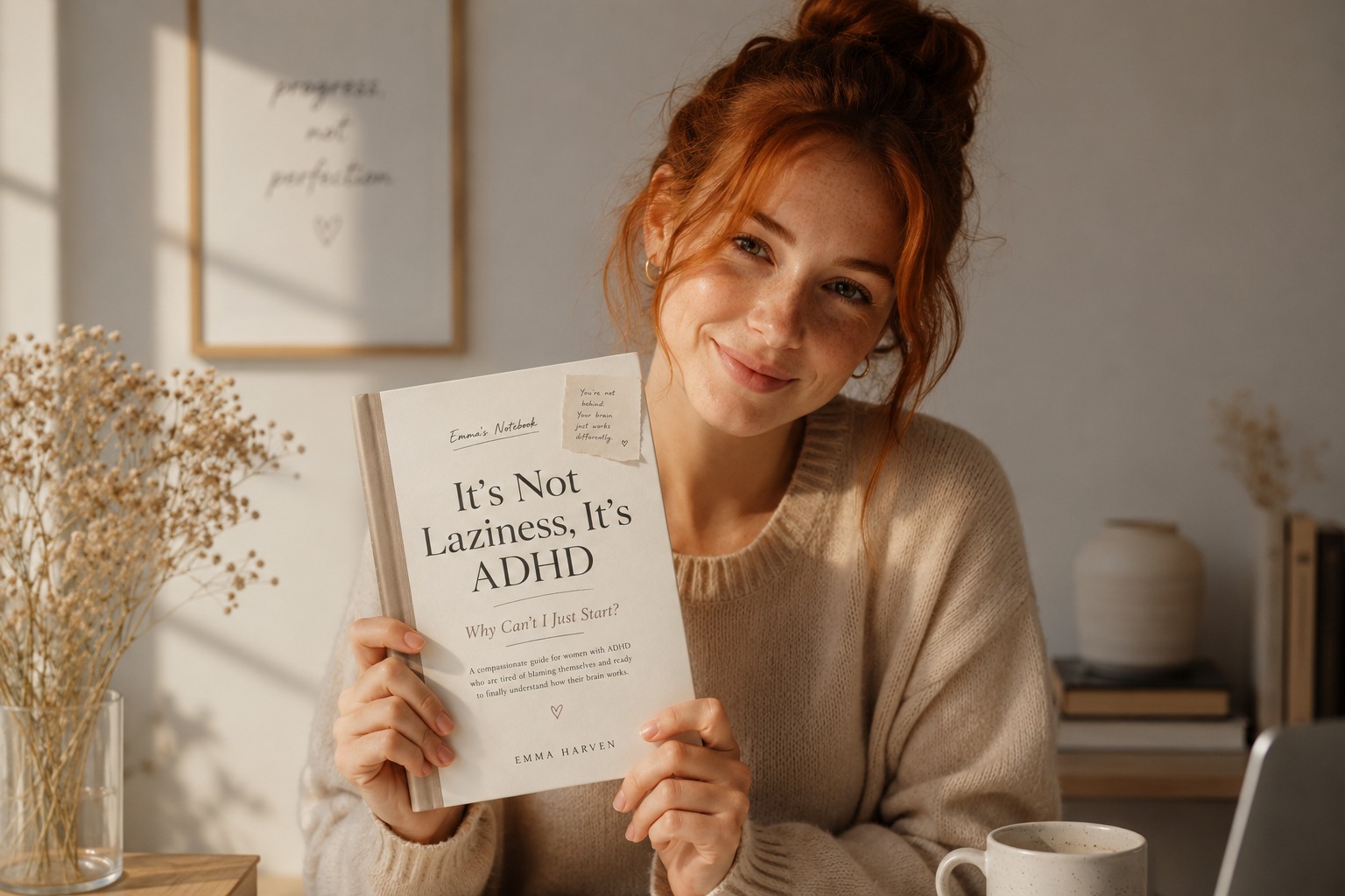 Emma Harven holding her book, It's Not Laziness, It's ADHD