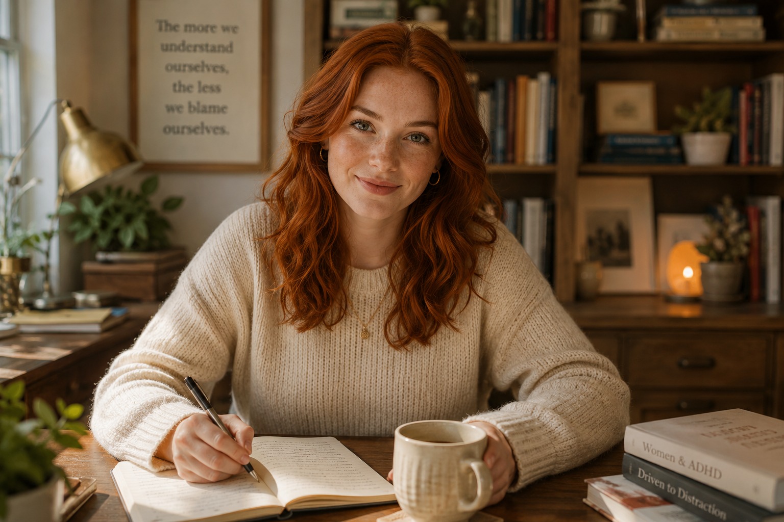 Emma Harven writing at her desk